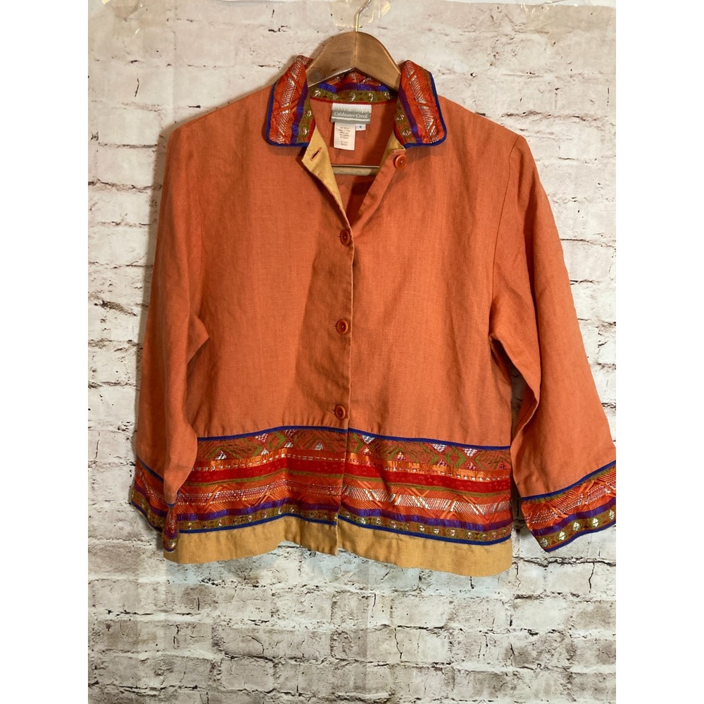 Coldwater Creek Artsy Linen Jacket Womens Small Rust Orange Embroidered Aztec